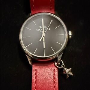 Coach Silver Watch with Red Leather Strap and Hanging Star